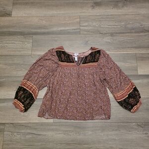 Blouse Grace + Karma Multicoloured Print Peasant Top Boho with Bell Sleeves